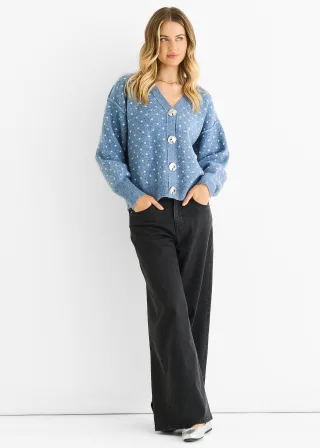 Denim-Punktdruck-Knopf-Cardigan-Look Pullover