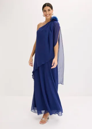 bonprix Abendkleid aus feinem Chiffon mit Blumenapplikation, blau, Gr.52, Maxi-Kleid aus feinem Chiffon mit One-Shoulder und Blumen-Applikation