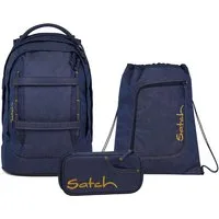 Satch Schulranzen Schulrucksack-Set PACK Denim Blue 3-teilig, Kollektion 2025 (3-teilig), ergonomisch, Your-Size-System: auf Körpergröße anpassbar