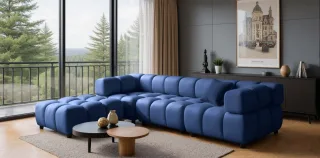 Sofa Designersofa FLOW 3-Sitzer inkl. 1 x Polsterhocker Stoff Bluvel Blau