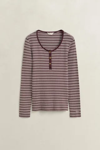 GANT - Geripptes langärmliges Henley-Shirt DARKENED WINE - Gr. - M