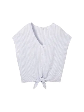 Denim Tom Tailor - Leinenbluse mit Knotendetail light blue white small stripe - Gr. - XXL