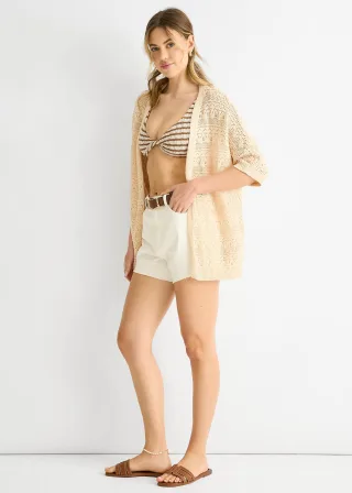 Beige gehäkelte Strickjacke von Kante zu Kante