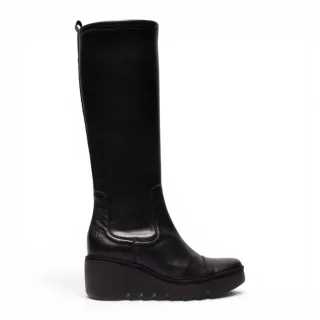 Fly London Damen Schwarze Lederstiefel mit hohem Keilabsatz – BUDI603