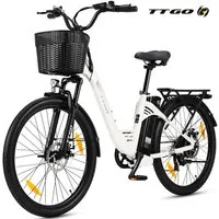 TTGO E-Bike Cityrad 26 Zoll, 52Nm Hinterradmotor, 120km, Federgabel und Federsattelstütze, 7 Gang SHIMANO, Kettenschaltung, Heckmotor, 650 Wh, (5 Stufen, Pedelec, bis zu 125kg, für ca. 160–185 cm), Farbdisplay, Frontkorb, Gepäckträger, Elektrofahrrad