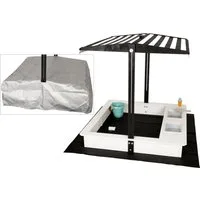 WONDERMAKE Sandkasten mit Abdeckung Deckel Dach, 2x Matschküche, Boden Vlies Sandkiste Holz, Design mit Bank quadratisch verschließbar Outdoor Garten schwarz weiß