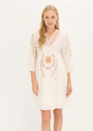 bonprix Minikleid aus reiner Baumwolle, weiß, Gr.40, Mit 3/4-Ärmeln und Stickerei, 100% Baumwolle