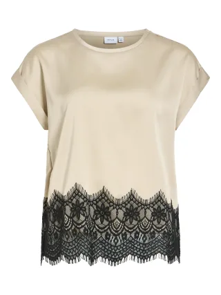 VILA - VIELLETTE S/S FULL SATIN LACE TOP - NOOS Cement - Gr. - 36