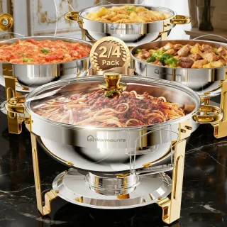 WARMOUNTS Gold Chafing Dish Buffet Set 2/4/6 Pack, 5QT Round Stainless Steel Chafers and Buffet Warmers Sets with Glass