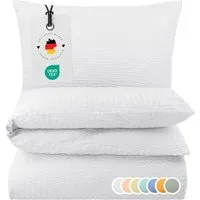 Carpe Sonno Bettwäsche Seersucker 135x200 155x220 Bügelfrei Sommer Bettbezug 100% Baumwolle, Seersucker, 2 teilig, Hochwertig Leichte Bettwaren Bügelfrei Reißverschluss Weiß 155 x 220