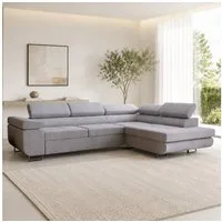 Goldstoff Ecksofa mit Schlaffunktion - Designersofa, Sofa mit Bettfunktion & Bettkasten, Schlafsofa RIVIA, multifunktionale Couch mit verstellbaren Kopfstützen in grau