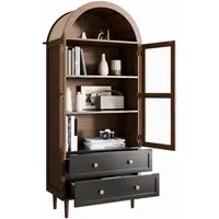 Merax Hochschrank Retro Sideboard Kommode mit walnussfarbener Holzmaserung (1-St) Aufbewahrungsschrank mit 2 gewölbter Glastür, 2 Schubladen,70×38×165cm