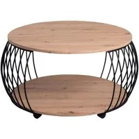 M2 Kollektion Couchtisch PEKING, Ø 80 cm, mit Rollen, mit Ablage, Artisan Eiche Dekor, Schwarz, Metallgestell