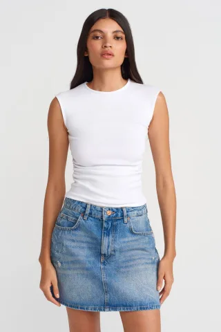 Damen Rippenloses Ärmelloses Rundhals-T-Shirt