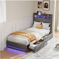 ADWOLT Polsterbett Stauraumbett Einzelbett mit LED-Beleuchtung und Ladefunktion (Jugendbett 90x200cm mit Lattenrost und USB&Typ-C,mit Kopfteil), Kinderbett mit 2 Schubladen,Leinenstoff,Grau1