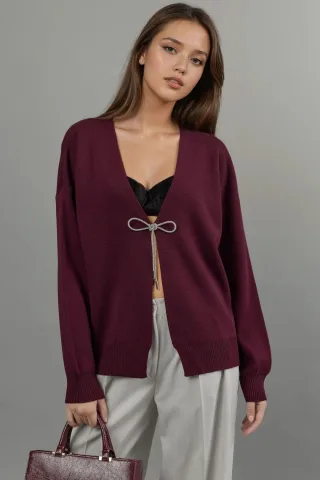 V-Ausschnitt Strickjacke mit Schleifendetail