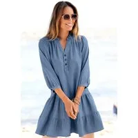 LASCANA Jeanskleid mit Rüsche am Kragen und kurzer Knopfleiste, Blusenkleid Sommerkleid aus weicher Lyocellware, lockeres Tunikakleid, Festival