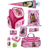 Familando Schulranzen Clou Pferde Champion Schultasche, rosa, ab 1. Klasse (Komplett-Set, 10-tlg., mit Lunch-Set, Sporttasche und Schultüte 85cm), kompakt, mit 2-Wege Reißverschluss