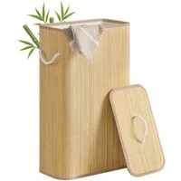 SONGMICS Wäschekorb mit Deckel, Bambus-Wäschesammler mit Griffen, faltbar, Wäschesack herausnehmbar, maschinenwaschbar, 60/90 L, rund/eckig