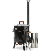 Skandika Topf-Set Gulaschkanone, 14 Liter Gulaschkessel, Thermometer im Deckel, (Der clevere 3 in 1 Ofen fürs Heizen, Kochen und Grillen), Zubehör Grillzange, Suppenkelle, Ofenhandschuh, Grillrost, Holzgriffe