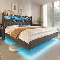 OKWISH Polsterbett mit LED-Beleuchtung, Kopfteil und Ladestation (Funktionsbett, Struraumbett, 1-tlg., 140x200 cm, ohne Matratze), Schwebebett mit 1 Type-C, 3 USB-Anschlüsse