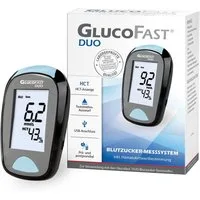 GLUCOFAST Blutzuckermessgerät DUO Maßeinheit in MMOL, Starterset, Ink. 10 Teststreifen, 10 Lanzetten und Lanzettiergerät, Blutzucker und Hämatokritwert mit einer Messung bestimmen