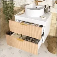 Flieks Waschtisch Badzimmerschrank mit 2 Schubladen in Holzoptik & runder Waschbecken (B60/T45/H60 cm, 1-St., wandhängend), Waschbeckenunterschrank mit Aufsatzbecken Badmöbel-Set