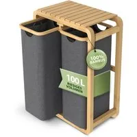 AMBIAVO Wäschekorb 2 Fächer mit waschbaren Baumwollsäcken, 100 L Volumen, stabiler 3x3 cm Bambusrahmen, innovatives Design