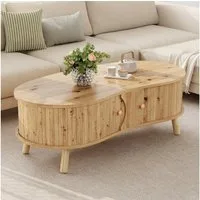 Merax Couchtisch mit Erbsenform mit Rillenoptik, Sofatisch in Holzoptik (1-St., 108 x 50 x 37 cm), Wohnzimmertisch mit 2 Schiebetüren, Stauraum & Massivholzbeine