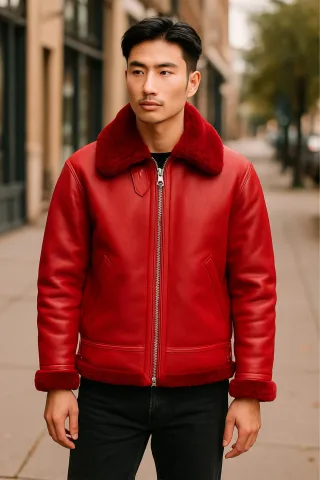 Rote B3 Bomberjacke aus Schaffell für Herren der RAF Aviator - Sibasa