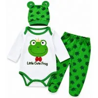 Jungengel Neugeborenen-Geschenkset Erstausstattung Baby Set 3-tlg Body Hose Mütze Frosch Baumwolle (Set, 3-tlg., 1 Langarm-Body, 1 Babymütze, 1 Hose mit Fuß) 3-teiliges Babyset aus 100 % Baumwolle mit Froschmotiv