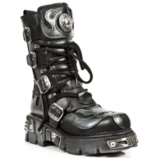 New Rock Flame Biker-Stiefel aus schwarzem/silbernem Leder mit Akzent – ​​107-S2