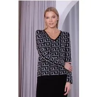 Passioni Strickpullover mit V-Ausschnitt in grauem und schwarzem Mäandermuster