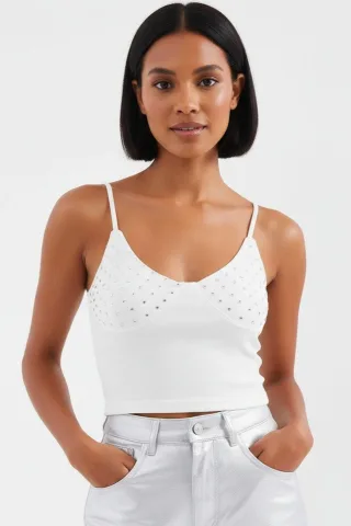 Steinverzierte Taillierte Cropped-Top mit V-Ausschnitt