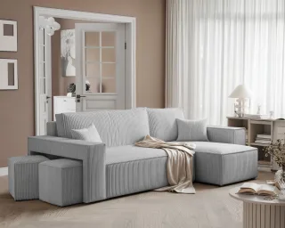 Ecksofa Schlafsofa Sofa ADARA inkl. Hocker Stoff Poso Hellgrau Ottomane Rechts