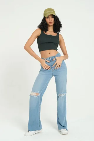 Quadratisches Hals- Ribbed Button-Top
