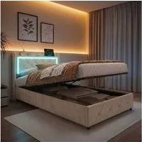 PXloue Polsterbett LED Einzelbett 90x200cm mit Ladefunktion und hydraulischem Stauraum, Geeignet für kleine Wohnungen (mit zusätzlichem Stauraum)