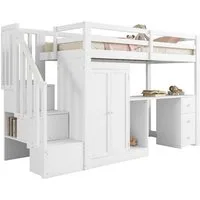 Ulife Hochbett Kinderbett Einzelbett mit Schreibtisch und Kleiderschrank (1-St., Ohne Matratze) 90x200cm,Weiß