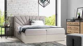 Boxspringbett Bett DAIMON 120x200cm Nordic Teak Stoff Hellbeige inkl. Bettkasten