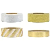 partydeco Klebeband Washi Tape 10-15mm x 10m mit Glitzer 4er Set gold silber