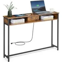 VASAGLE Konsolentisch mit Steckdosen, Beistelltisch, platzsparend, 25 x 120 x 81,1 cm, mit 2 Fächern, schmal, vintagebraun-schwarz