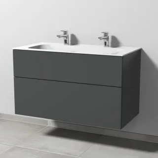 Sanipa 3way Keramik-Set Finion Keramik-Doppelwaschtisch und Unterbau mit 2 Auszügen, Anthrazit-Matt SM40322