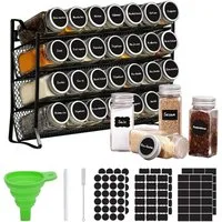 SEHAUSEU Gewürzregal Gewürzregal 4Etage mit 28 Gläsern schwarz Metall, 120 Gewürzetiketten, 28-tlg., 1 Flaschenbürste, 1 Trichter, 1 Stift