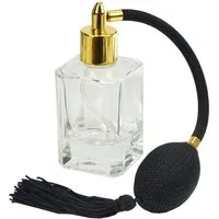 Fantasia Beauty Parfümzerstäuber Tischzerstäuber, Glas eckig, mit Ballpumpe, schwarz-goldfarben, 50 ml (1 St), Parfümzerstäuber mit Ballpumpe