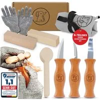Eli Taschenmesser Schnitzmesser Kinder - Kindermesser - Schnitzset - Kindertaschenmesser, (Schnitzwerkzeug - Outdoor Messer, 8 St., Kinderschnitzmesser - Griffe aus Buchenholz), inkl. schnittfeste Handschuhe - Beidhändig - rostfreier Stahl
