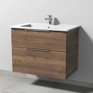 Sanipa 3way Keramik-Set Venticello Keramik-Waschtisch und Unterbau mit 2 Auszügen, Eiche-Tabak UM32350