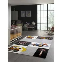 TeppichHome24 Kinderteppich Kinderzimmer Teppich Baustelle Schwarz Grau Creme, rechteckig, Höhe: 13 mm