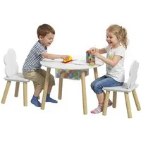 AIYAPLAY Kindersitzgruppe Kinder Tisch Stuhl Set mit Aufbewahrungsnetz, (mit Holzbeinen, 3-tlg., 1 Tisch, 2 Stühle), für Kinderzimmer, für 3-6 Jahre Kinder, Weiß