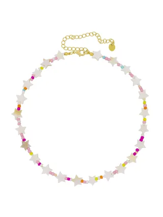 Fashionbox Kette Messing vergoldet mit weissen Sternen und Perlen in pastell