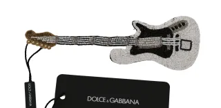 Dolce & Gabbana Weiße Gitarre Pailletten Perlen Markenansticker Brosche